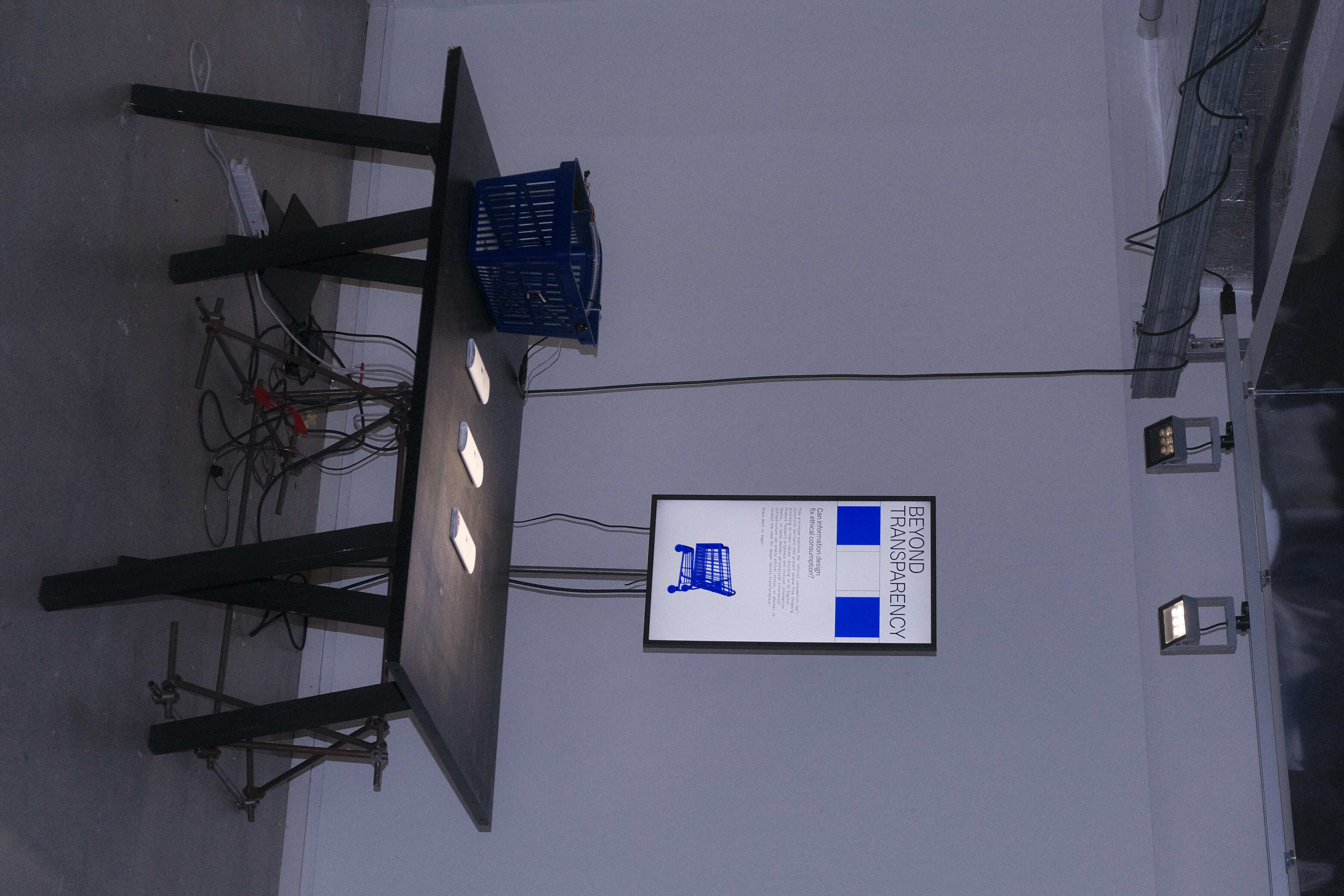 Interactive shopping-basket prototype displayed in an exhibition setting